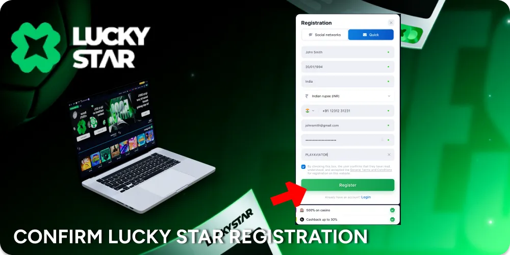 Complete Registration at LuckyStar and press "Register" button.